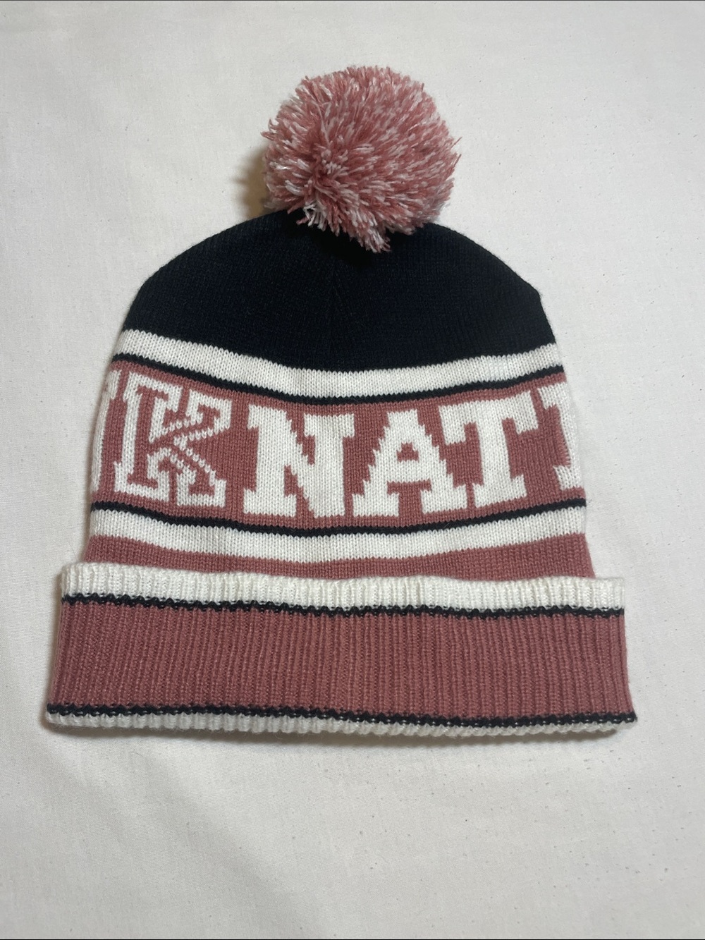 Women’s “PINK”Pom Pom Beanie Hat in Dusty Rose and Black
